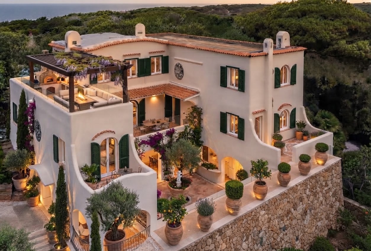 Villa Krystal at dusk, with terraces, potted citrus and the sea beyond